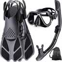 Zenoplige Mask Fins Snorkel Set, Snorkeling Gear for Adults, Panoramic View Snorkel Mask Anti-Fog, Adjustable Dive Flippers, Dry Top Snorkel and Travel Bag, Scuba Gear for Swimming Snorkeling Diving (Black)