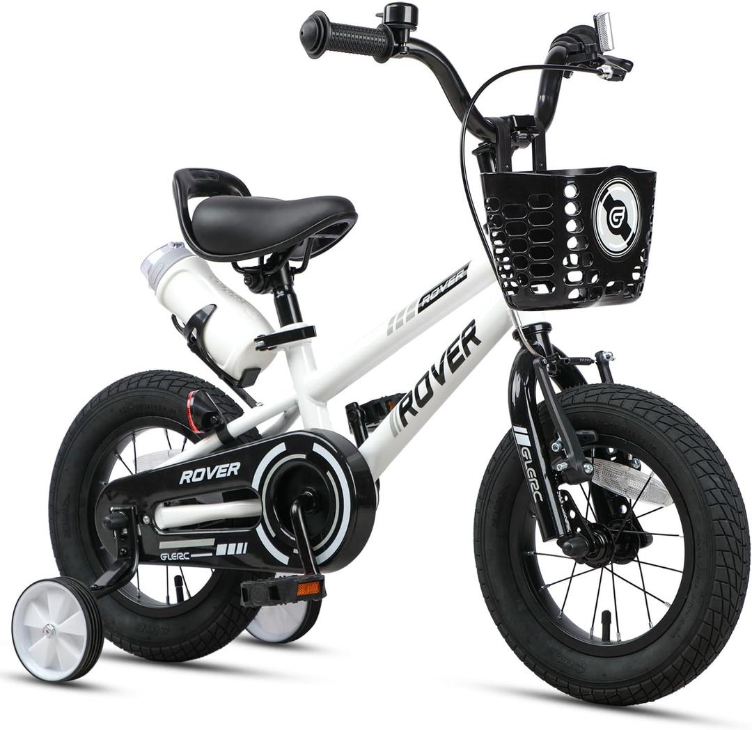 Glerc Rover Kids Bike, 12-18 Inch Boys Bike for 2-9 Years Old Children, Kids Bicycle with Water Bottle & Basket & Training Wheels, Multiple Colors (White)