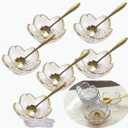 6 Pcs Clear Sakura Sauce Dishes Set with Gold Trim, 3.3" Glass Cherry Blossom Dipping Bowls with Metal Spoons, Small Condiment Dishes for Soy Sauce, Sushi, Snacks, and Party Appetizers