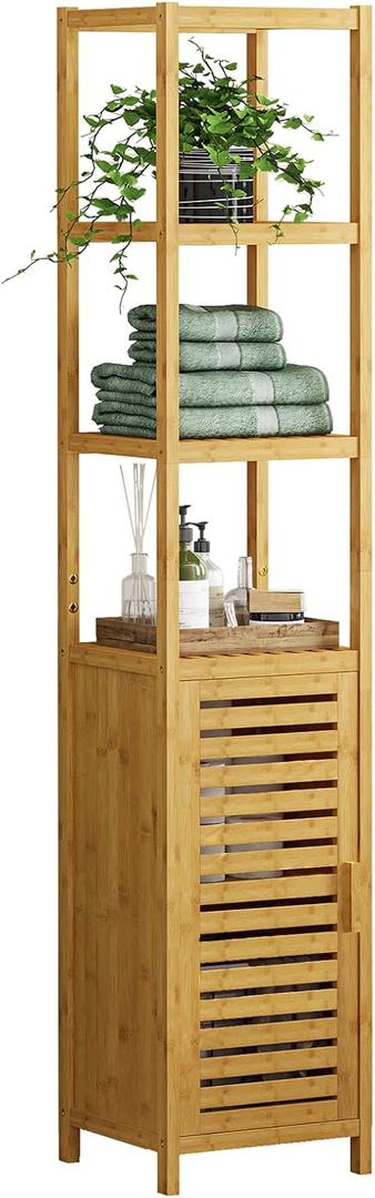 VIAGDO Storage Tall Slim Cabinet with Shutter Door and 3 Tier Shelves, Freestanding Linen Tower Cabinet for Living Room, Kitchen, Bathroom Organizer, Natural Bamboo, Small