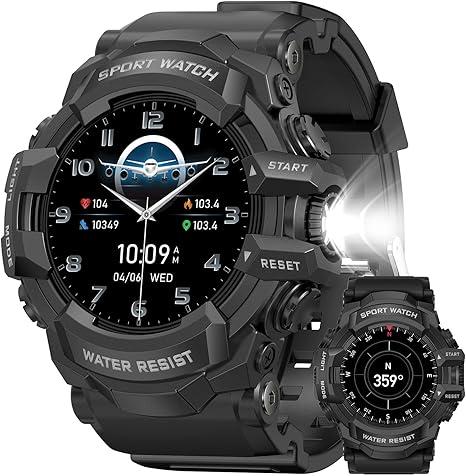 MIDDOW Military Smart Watch with Flashlight (Answer/Make Call) Compass, Pedometer/Heart Rate/Sleep/100+ Sports Modes, Fitness Tracker IP68 Waterproof, Long Battery Life Android & iOS (Black)