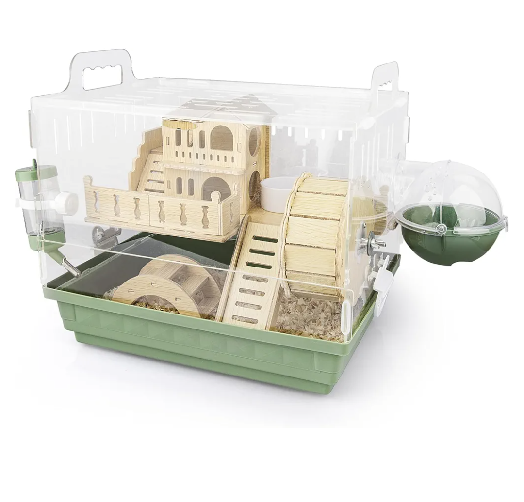 Cycodo 8 in 1 Acrylic Hamster Cage,2Tier Dwarf Hamster Cage with Wooden Wheel & Hideout,Small Hamster Habitat with Accessories,Clear Pet Mice House(Green,14" L*10" W*11" H)