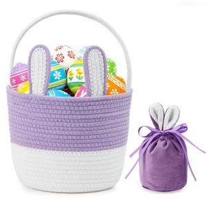 Easter Basket Cotton Rope Easter Bunny Baskets Empty with Handle for Egg Hunt Gifts, Girls Boys First Easter Basket Bucket with Velvet Drawstring Gift Bag for Easter Stuffers, Purple & White