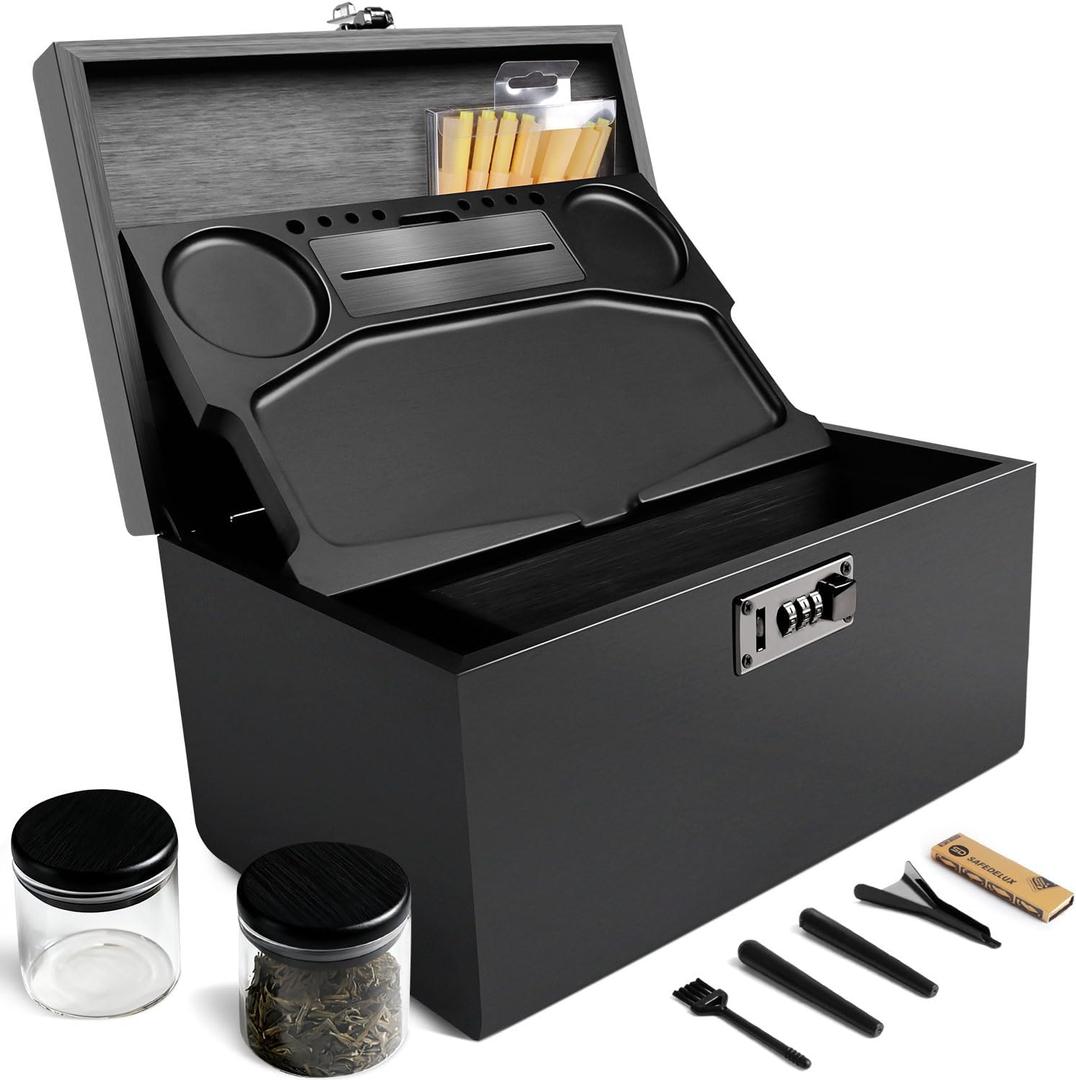 Extra Large Bamboo Stash Box with Combination Lock, Smell Proof Tube & Jar, Storage Containers with Brush & Tray, Great Home Decor & Fathers Day Gift (Black)