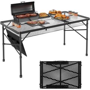 Folding Gril Table, 4x2 FT Camping Table with Mesh Desktop,Height Adjustable Folding Grill Table with Mesh Bag,Portable Outdoor for Picnic,Camping,BBQ, Beach, Black