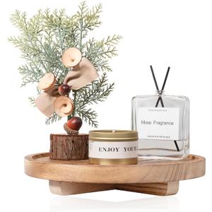 Round Decorative Tray Wood Bathroom Counter Organizer Farmhouse Kitchen Decor Wooden Riser for Soap Dish, Perfume, Candle, Sponge, 9" - Brown