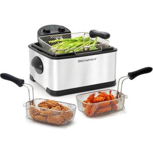 Elite Gourmet EDF-401T Electric 4.5 Qt. / 17 Cup Immersion Deep Fryer 3-Baskets, 1700-Watt, Timer Control Adjustable Temperature, Lid with Viewing Window and Odor Free Filter (Stainless Steel and Black)
