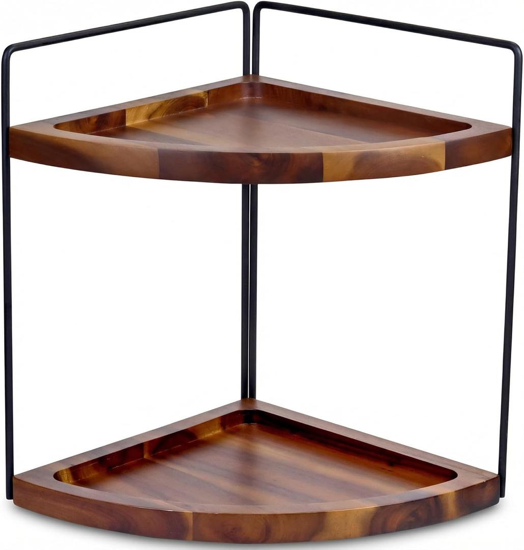 Demigo Bathroom Corner Counter Organizer 13.2x9.9 inch, 2 Tier Acacia Wood Organizer Countertop, Corner Storage Shelf Standing Rack, Cosmetic Vanity Tray Kitchen Spice Rack, Bathroom Storage Décor