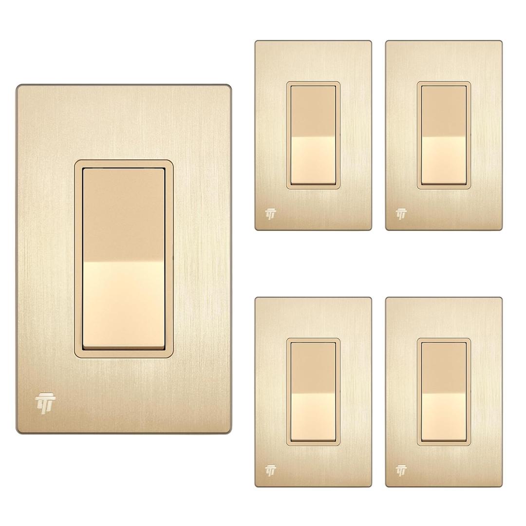 ENERLITES Elite Series Decorator Light Switch with Brushed Screwless Wall Plate, Single Pole, 3 Wire, Grounding Screw, Residential Grade, 15A 120V, UL Listed, 91150-GDWBP5P, Brushed Gold (5 Pack)