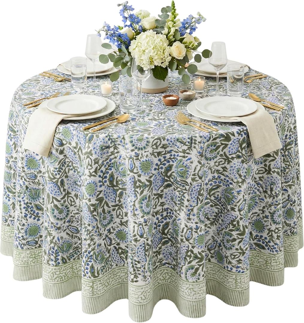 ATOSII Clover Blue 100% Cotton Round Boho Fall Tablecloth, Handblock Floral Table Cloth Linen for Kitchen Dining I Parties Wedding Outdoors Christmas Thanksgiving I 60" Inches Round I 4 Seater