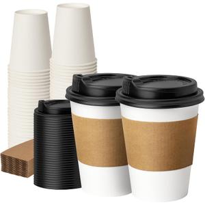 12 oz 50 Pack Coffee Cups with Lids and Sleeves, Hot Paper Coffee Cups with Lids, Disposable To Go Cup with Lid for Coffee, Tea, Hot Chocolate, Ideal for Cafes, Offices and Travel