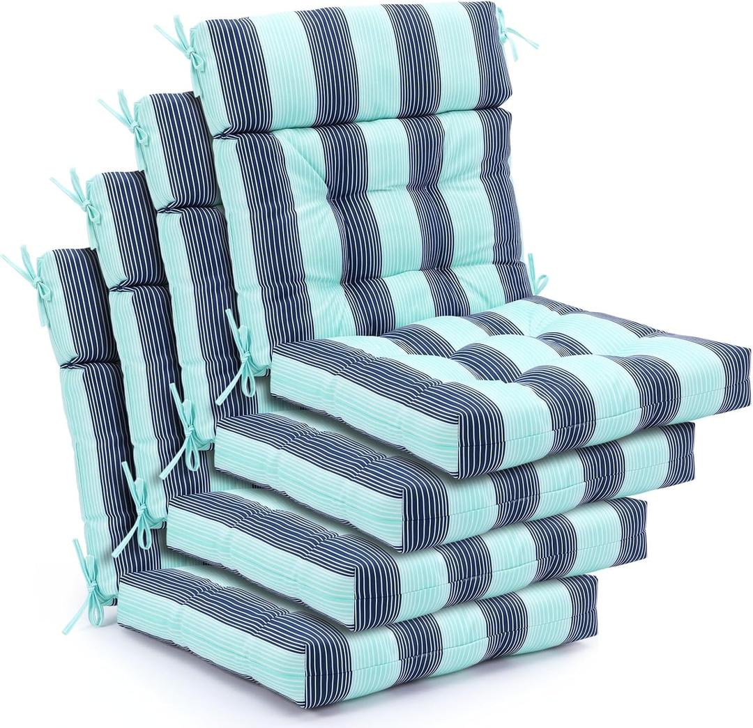 Barydat 4 Pcs Tufted High Back Chair Cushion Indoor Outdoor Seat and Back Cushions Palm Leaves Tropical Plants Lawn Rocking Chair Pads with Ties for Adirondack Patio Garden(Light Blue Stripes), 43.4 x 21 x 3.3 inches
