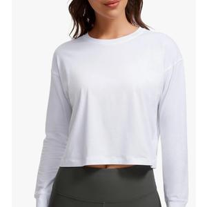 Women's Pima Cotton Workout Long Sleeve Shirts Loose Athletic Yoga Tops Basic Casual Fall Crop T-Shirts, S