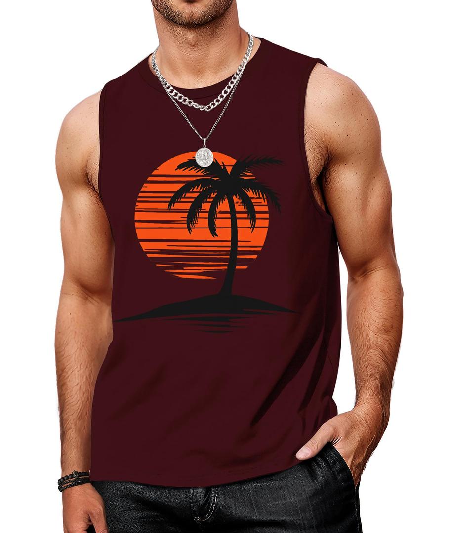 Indoner Mens Sleeveless Tank Tops UPF 50+ Quick Dry Workout Gym Shirts Palm Tree T-Shirt for Swim Beach Bodybuilding (XL)