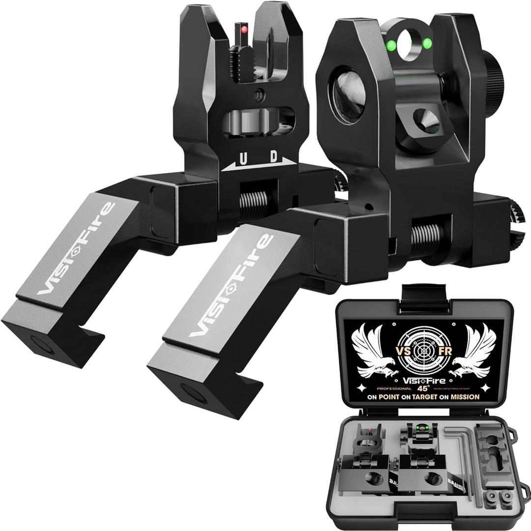 Visiofire 45 Degree Offset Iron Sights| Flip Up Fiber Optic Sights with Red Green Dots| Tool-Free Adjustable Back Up Canted Iron Sights Rapid Transition