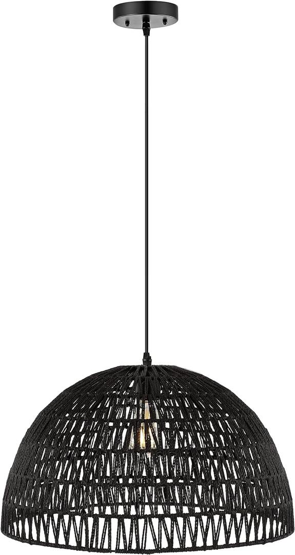 JONATHAN Y 20" Black Modern Bohemian Woven Rope LED Pendant Light Fixture, Adjustable Dome Ceiling Lamp for Kitchen Island, Rope Shade, Coastal Farmhouse Decor (JYL6504C)