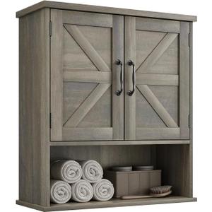 Bathroom Wall Cabinet with Barn Doors, Wall Mounted Bathroom Storage Cabinet, Farmhouse Style, Adjustable Shelf, Wall Mounted, Grey