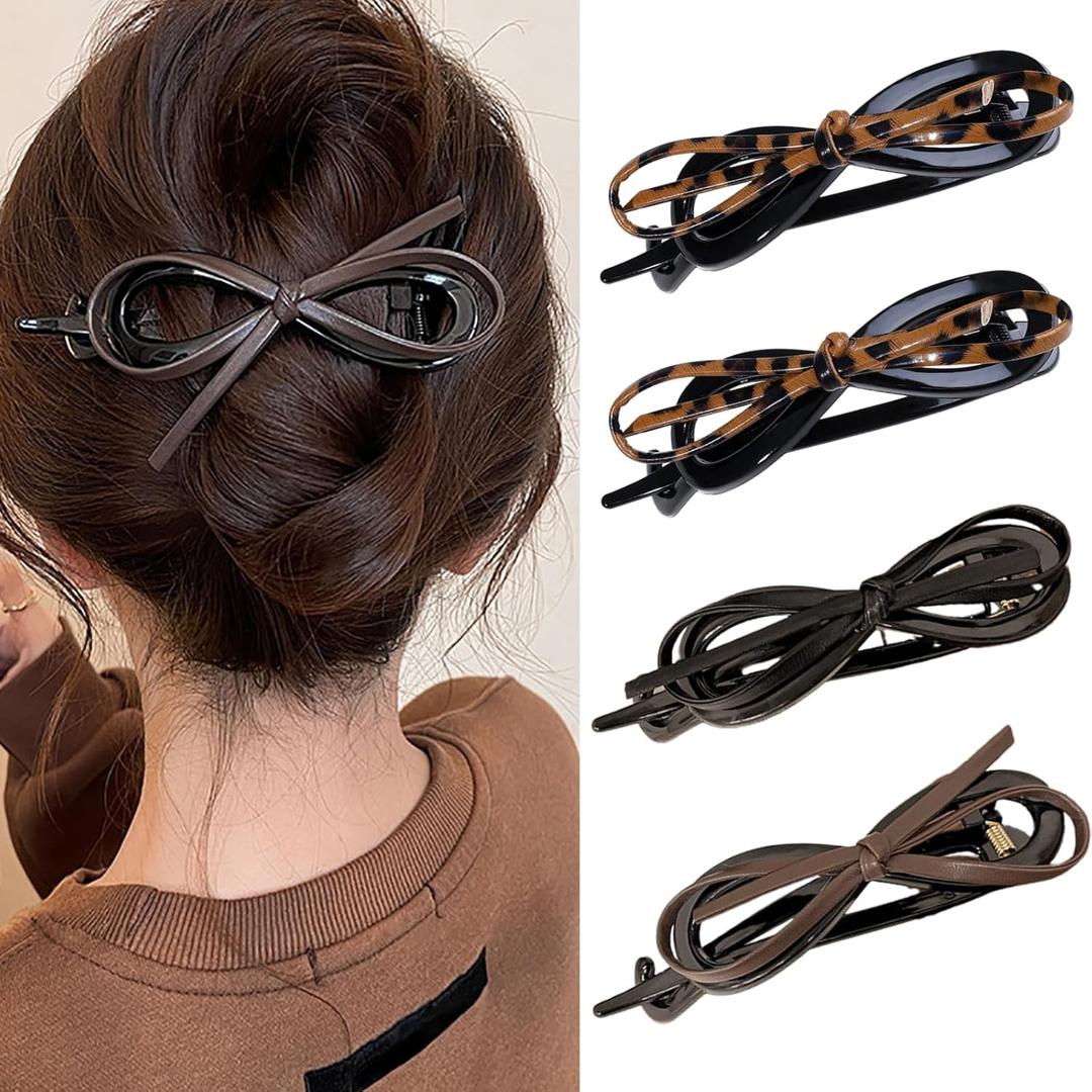 2 x Twist Bow Leather Hair Clips for Women Elegant Hair Claw Clips for Thick Hair Ribbon Bow Design Hair Barrettes Valentine Hair Accessories 4Pcs