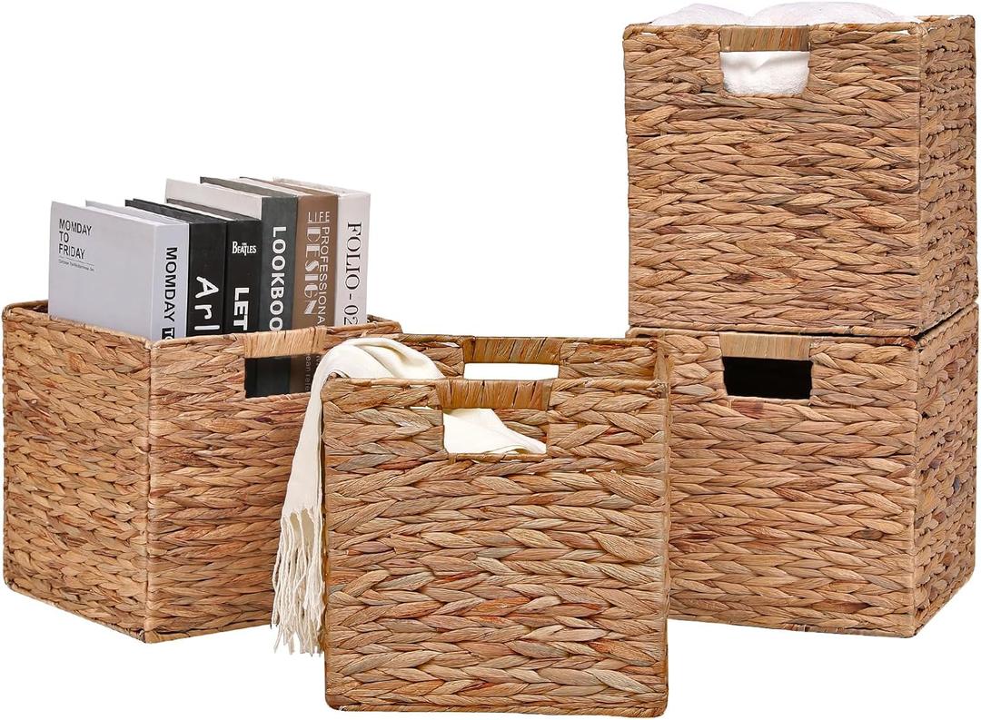 Wicker Storage Cubes 11.2x11.2x11.2inch Cube Baskets Set of 4 Pcs,Collapsible Water Hyacinth Baskets,Handwoven Storage Baskets for Shelves,Kitchen or Outdoor
