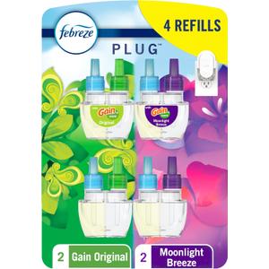Febreze Plug In Air Freshener, Odor-Fighting Scented Oil Refill, For Home, Bathroom, & Kitchen, Long Lasting, Gain Moonlight Breeze and Gain Original Scents, 0.87oz Refills, 4 Count (2 of Each Scent)
