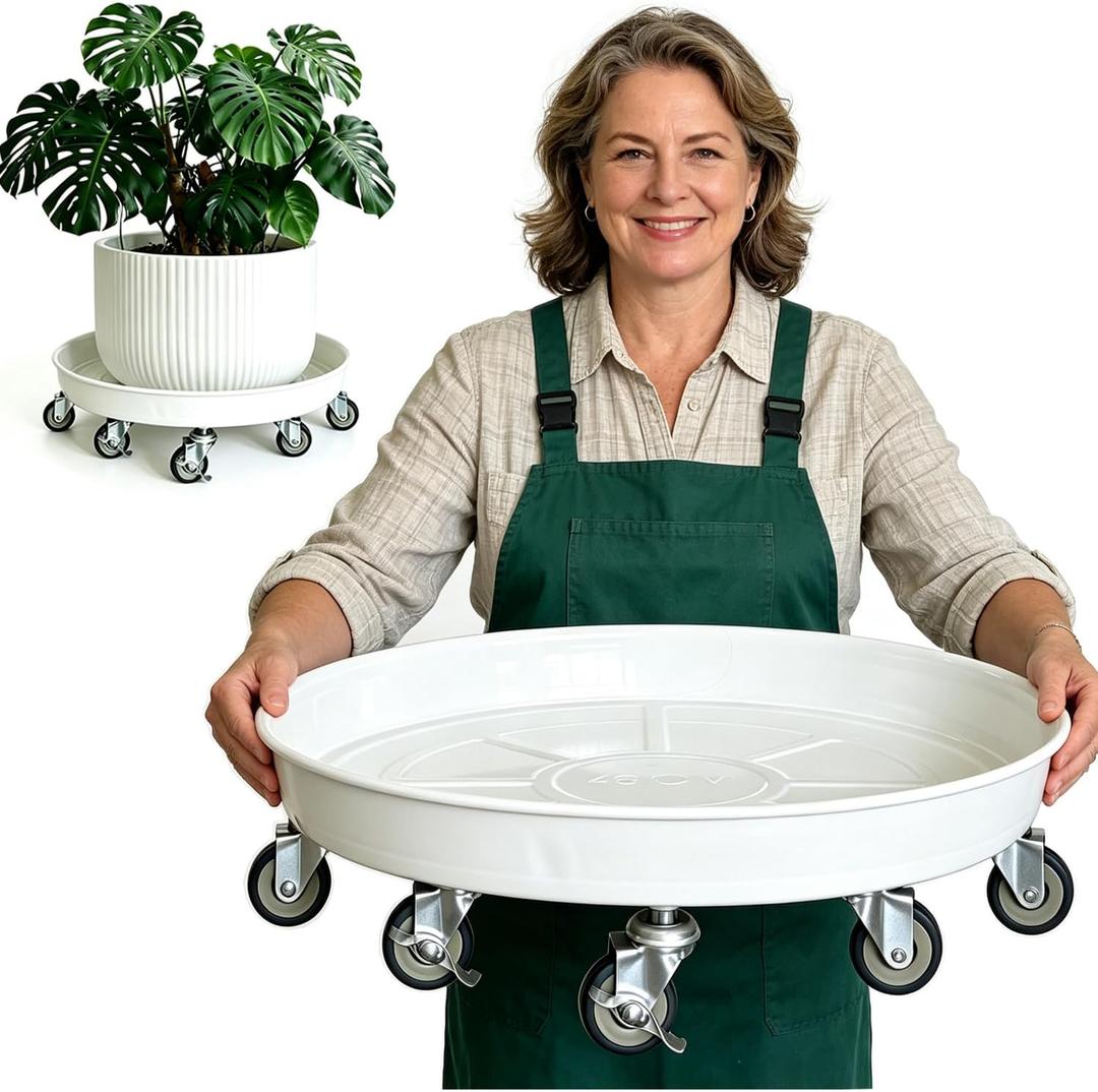 Rolling Planter Caddy(470lbs Capacity), Heavy Duty Metal Plant Stand with Brake Wheels Plant Dolly Mover Plant Pot Tray Saucer for Indoor Outdoor 18inches White