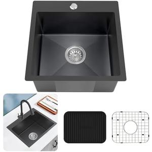 Black Kitchen Sink, Stainless Steel 18 x 18 Inch Top Mount Kitchen&Bar Sink Single Bowl Drop In Sink Set - Stainless Grid, Silicon Mat, Retracable Basket For Modern Stylish Kitchen