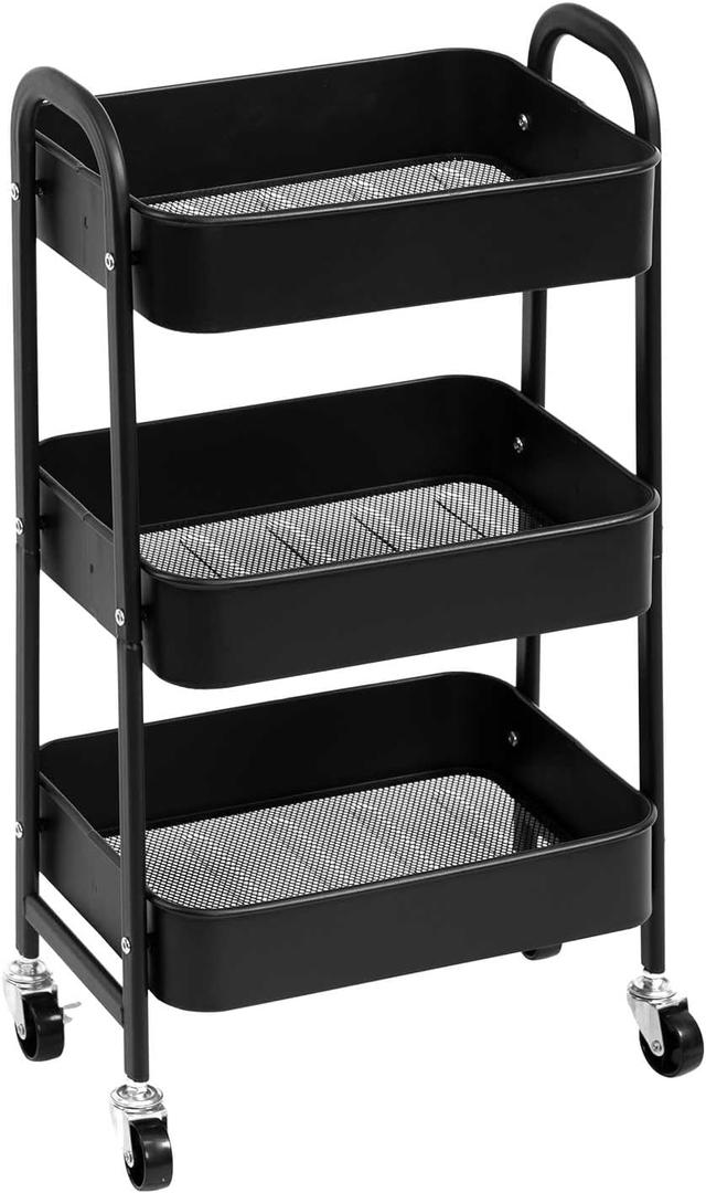 AGTEK Makeup Cart, Movable Rolling Organizer Cart, Black 3 Tier Metal Utility Cart
