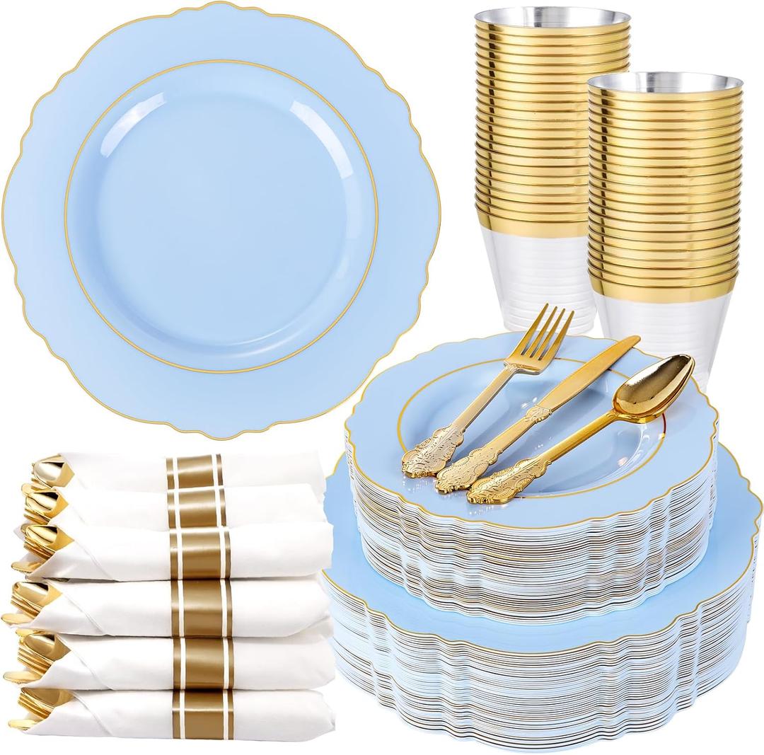 Liacere 350PCS Bule Plastic Plates - Disposable Bule and Gold Plates 50guest Baroque Plastic Dinnerware include 100Plates, 50Pack Pre Rolled Napkins with Silverware 50Cups for Wedding&Mother's Day