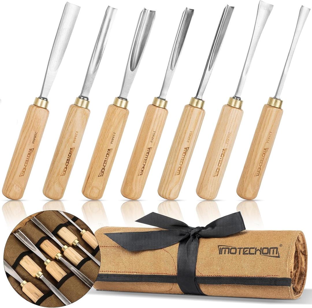 7-Pieces Woodworking Wood Carving Tools Chisel Set with Canvas Bag, Gouges and Carving Chisel Set, Razor Sharp CR-V 60 Steel Blades