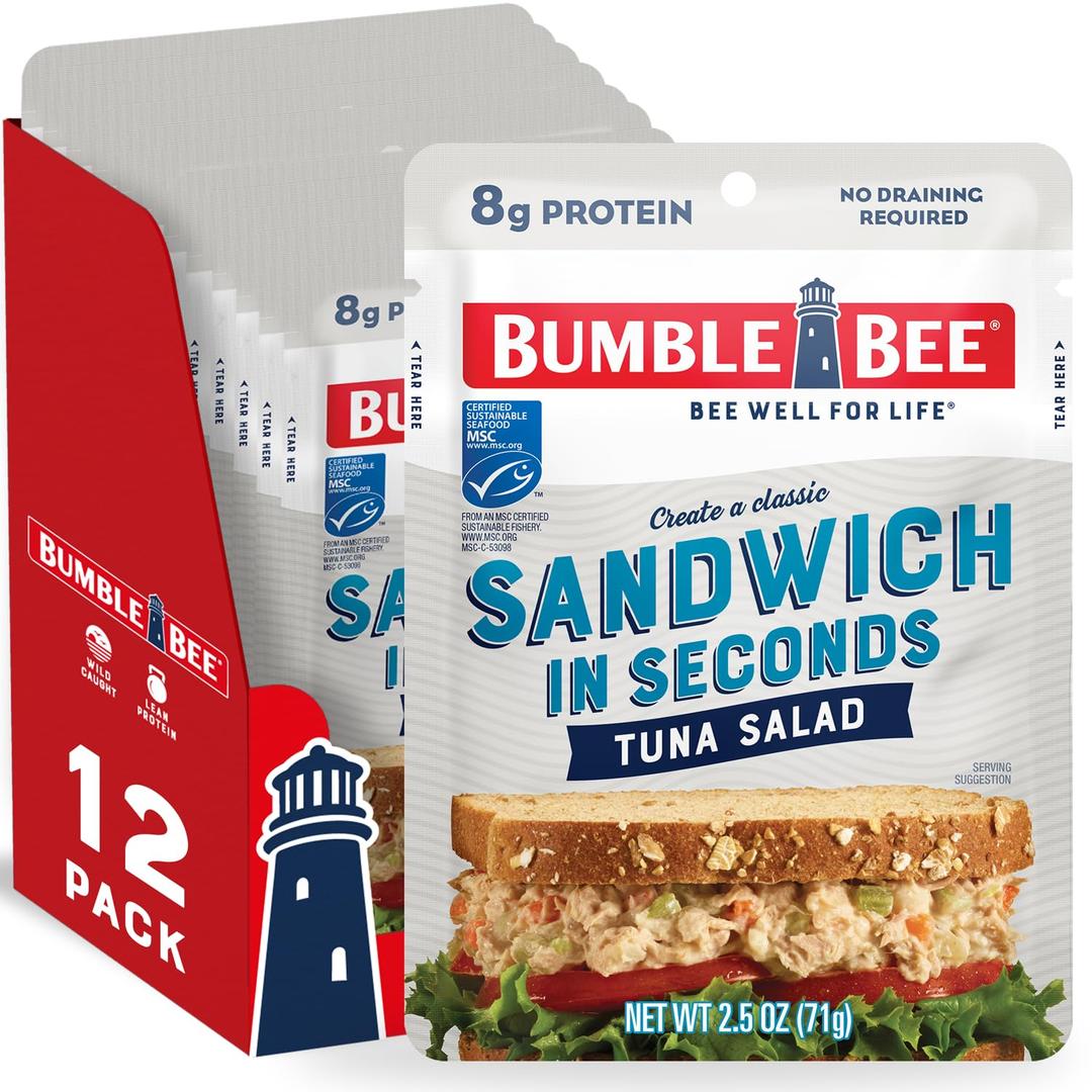 Bumble Bee Sandwich in Seconds Tuna Salad, 2.5 oz Pouches (Pack of 12) - Ready to Eat - Wild Caught Tuna Packet - 8g Protein per Serving - Gluten Free BB: April 2026