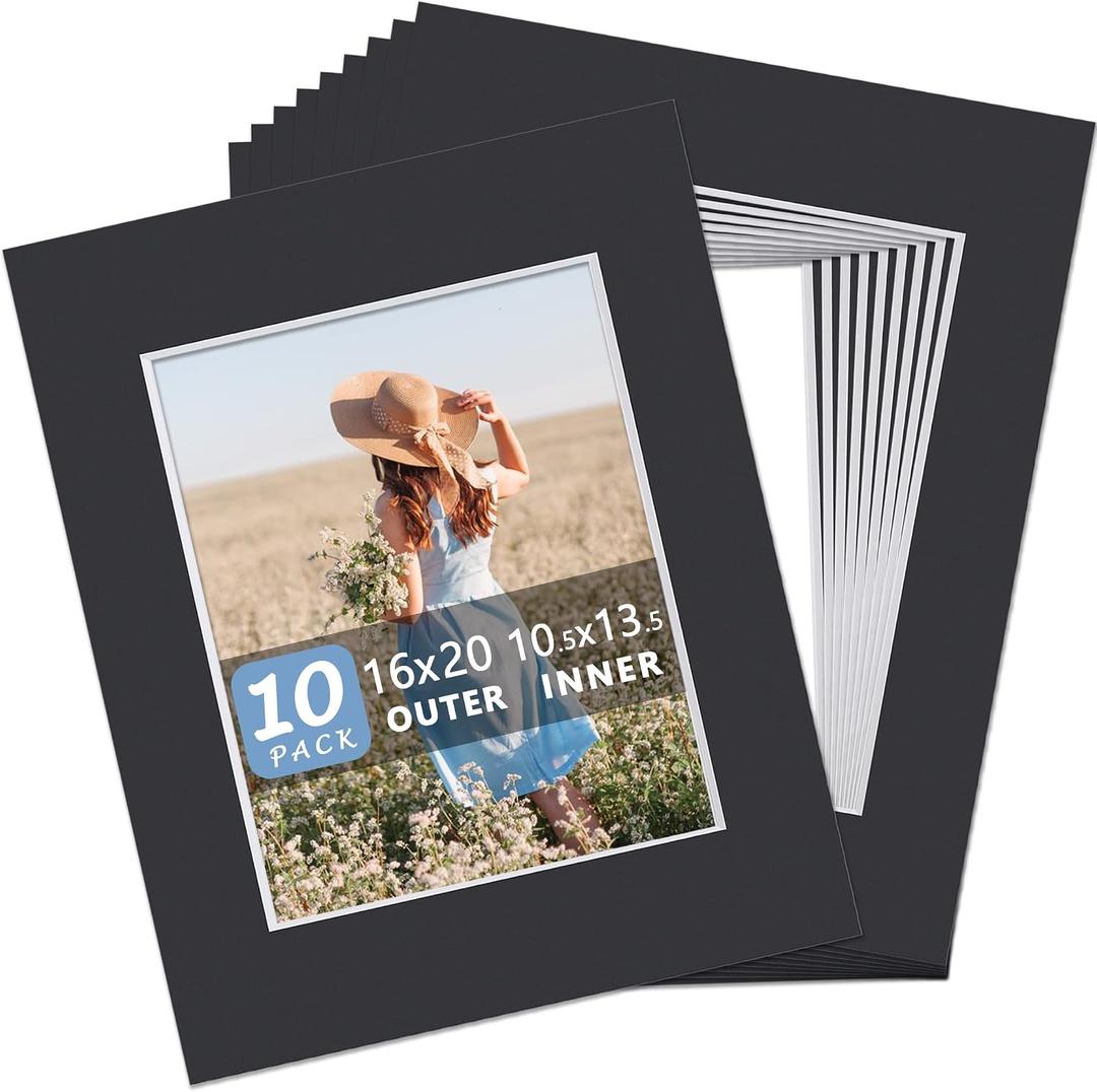 Somime 10 Pack Black Acid Free Precut Picture Mats 16x20 for 11x14 Photos