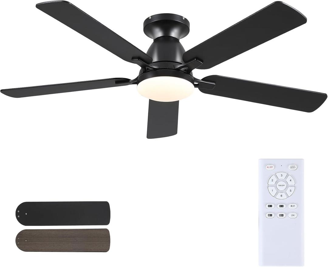 Mpayel Ceiling Fans with Lights, 52 Inch Flush Mount Ceiling Fan with Light and Remote, Low Profile Black Ceiling Fan for Bedroom Living Room, Quiet DC Motor, Reversible, Dimmable LED, Black