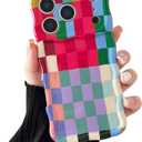Compatible with iPhone 17 Pro Case, Cute Wave Curly Colorful Checkerboard Plaid Pattern Cover for Women, Soft TPU Shockproof Protection Case Compatible for iPhone 17 Pro (Colorful 1)
