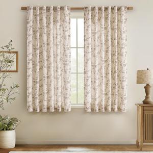 jinchan Linen Floral Curtains for Living Room 63 Inch Length Taupe Printed Curtains Back Tab French Country Farmhouse Flower Patterned Drapes Bedroom Window Curtain Set 2 Panels