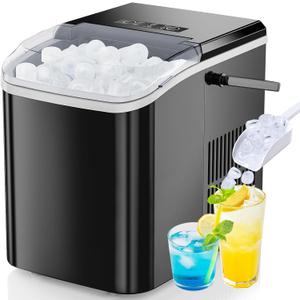 DUMOS Countertop Ice Maker with Handle, 26lbs/24H Portable Ice Machine, 9 Bullet Cubes Ready in 6 Mins, Self-Cleaning, Quiet Compact for Home, Kitchen, RV, Camping, Bright Black