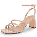 CosyFever Womens Rhinestone Sandals Ankle Strap Square Toe Shoes Rose Gold Dressy Heels for Party Wedding Dating - 7 W US