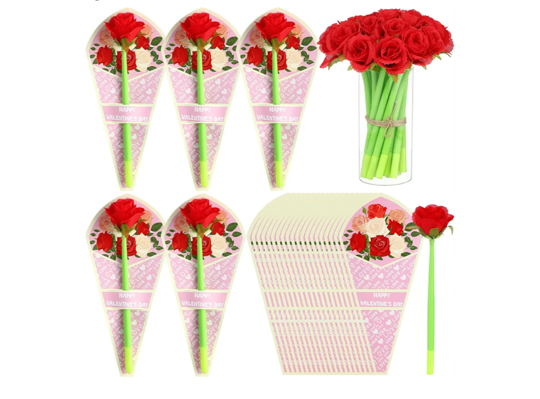 24 Set Valentine's Day Flower Rose Pens with Gift Cards Black Ink Ballpoint Pens Valentine's Day Gifts for Women Teacher Cowork Nurse(Elegant)
