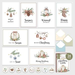 Decorably 24 Pack 4x6in Modern Rustic Merry Christmas Cards with Envelopes and Stickers - 8 Holiday Designs Seasons Greetings for Family, Friends & Loved Ones, with Printed Message, Gifting, Mailing