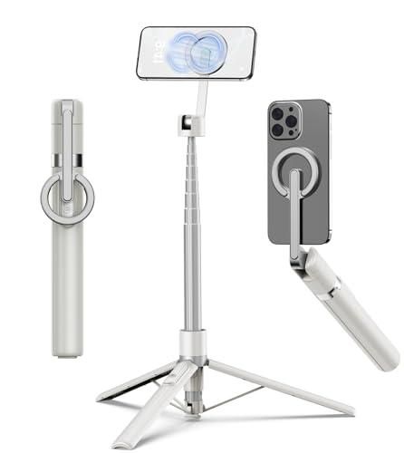 TONEOF 68" Magnetic Selfie Stick Tripod with Aluminum Strong Magnetic Holder for Magsafe, 360° Rotatable Travel Phone Tripod Stand with Metal Ring & Rechargeable Remote for iPhone/Android(Beige Gray)
