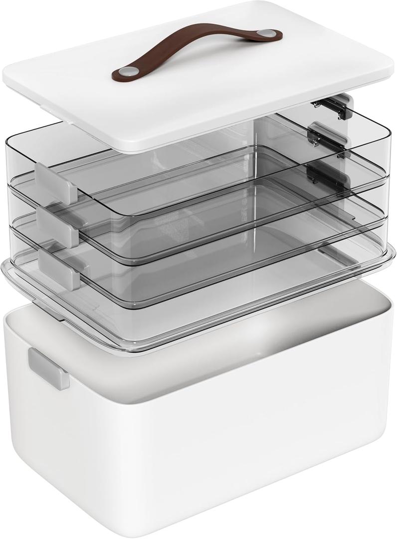 MOPALL 4-Tier Medicine Organizer Storage Box, Portable Latch Bin with Lid and Leather Handle, Cabinet Closet Organization for Home Office, Pill Bottle, First Aid, Sewing, Art, Craft