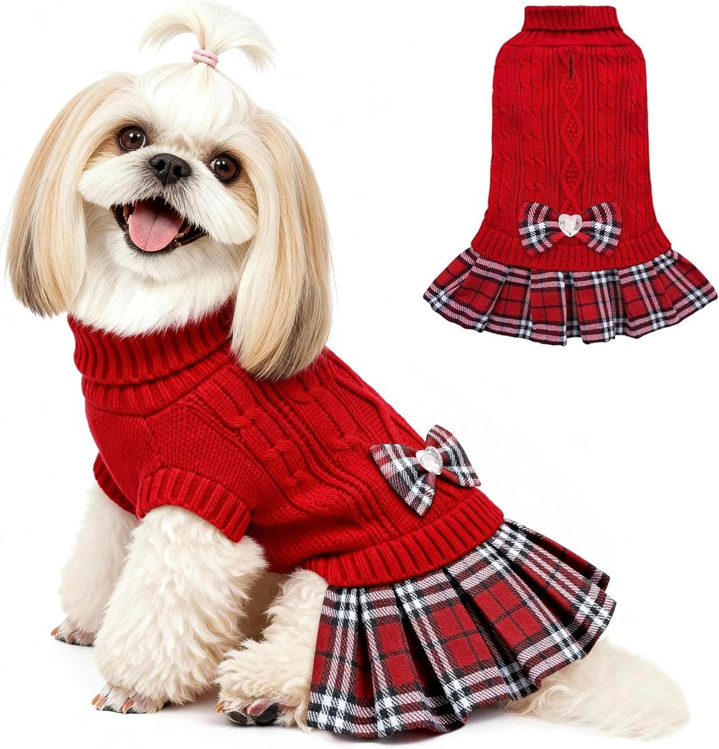 YUDODO Small Dog Sweater Dress with Bowtie Turtleneck - Knitted Pet Girl Dog Winter Clothes - Pet Warm Sweater for Puppy Yorkies, Chihuahua (S Red)