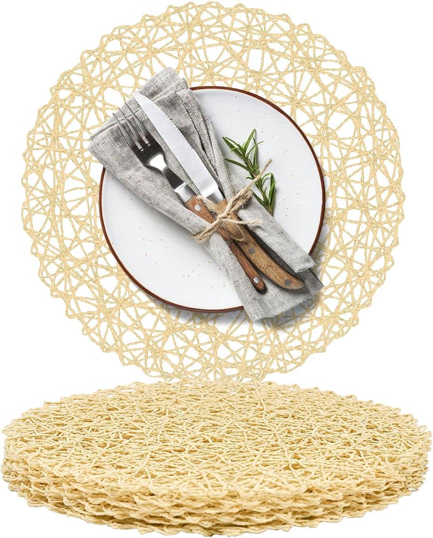 AHHFSMEI Paper Braided Round Placemats Set of 6 Natural Non-Slip Heat Resistant Table Mats for Dining Tables Woven Indoor & Outdoor Place mats(Beige)
