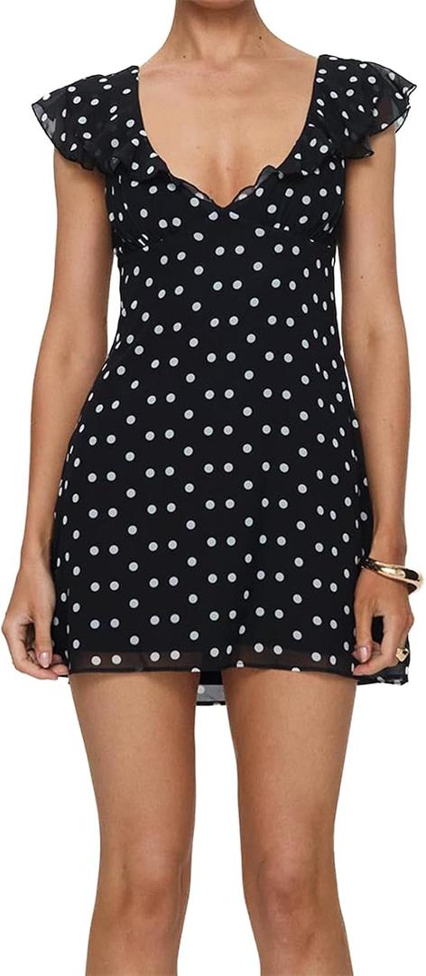 Aopwsrlyi Women Polka Dot Mini Dress Ruffle Sleeveless V Neck Back Tie Up Layered Summer Tank Dress (Black, M)