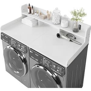 Washer Dryer Countertop with Shelf, 2-Tier Laundry Countertop Over Washer and Dryer, 54" x 27.55" Wooden Table for Folding Clothes for Laundry Room Organization and Storage (Milky)