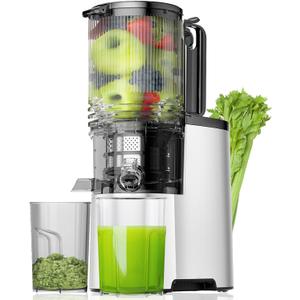 EanOruus Cold Press Juicer, 5.8" Wide Feed Chute Juice Extractor Machine with 400W, High Juice Yield, Slow Masticating Juicer for Whole Vegetables & Fruits, Silver
