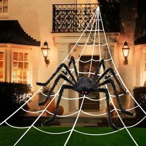2 x 200" Halloween Spider Web + 59" Giant Spider Decorations, Triangular Huge Spiders Web and Hairy Scary Fake Spider, for Indoor Outdoor Porch Yard, Scary Haunted House Party, and Halloween Dcor