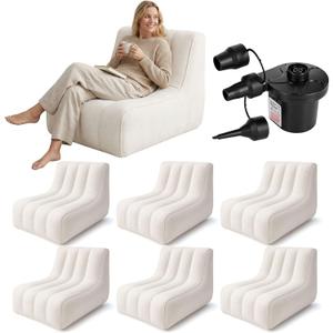 6 Pcs Inflatable Chairs for Adults, Blow up Couch with Electric Air Pump, Inflatable Chairs for Movie Night Flocking Portable Blow up Furniture Beanbag Sofa for Living Room Party (Beige)