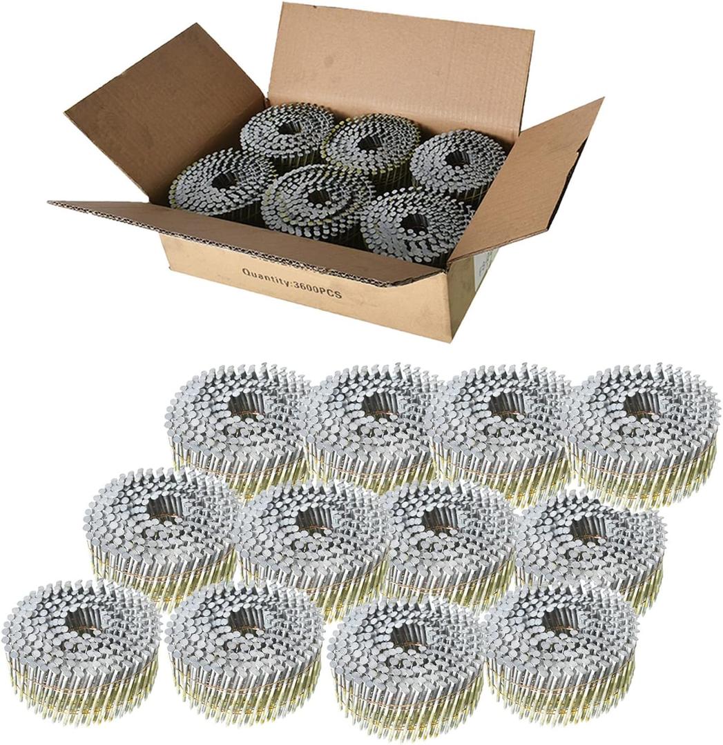 15-Degree Collated Wire Coil Siding Nails 1-1/4Inch x 0.092Inch 3600 Count Full Round-Head, Ring Shank, Hot-Dipped Galvanized for Rough Nailing of Lathing and Sheathing Materials