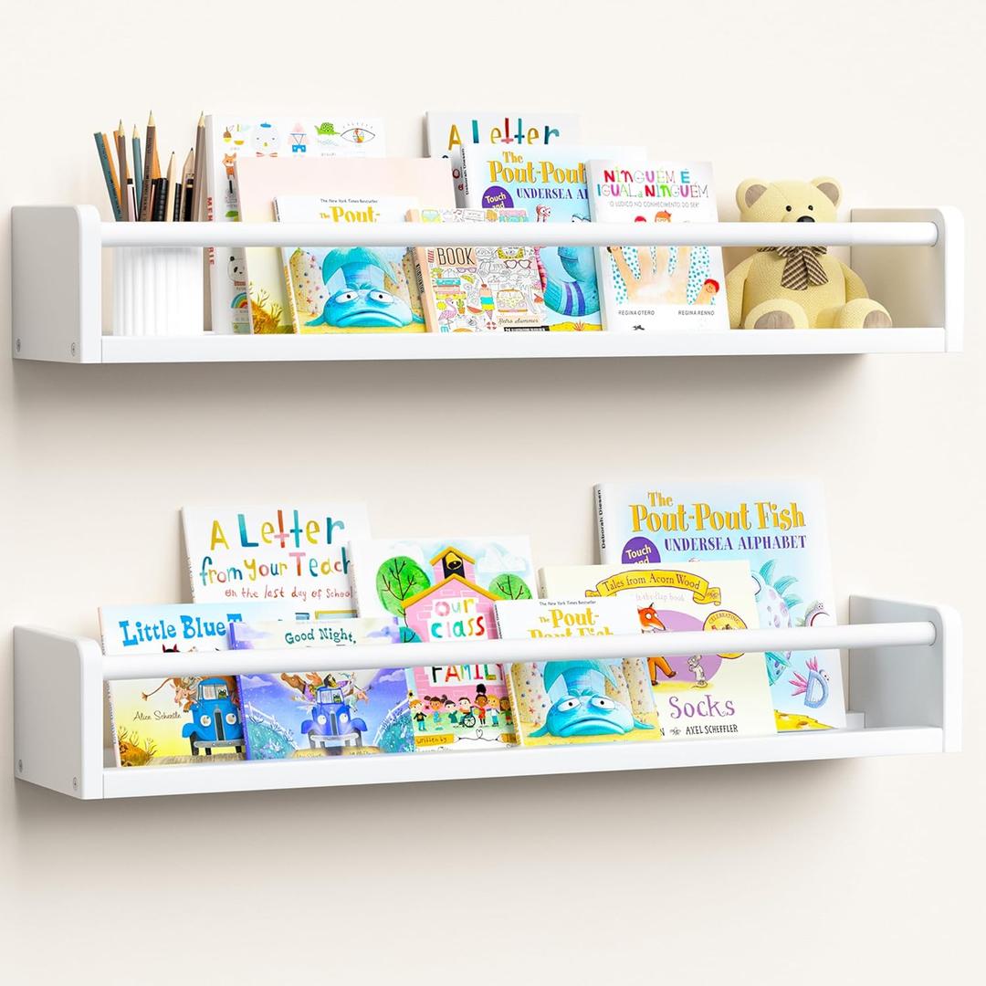 upsimples 2 Pack Nursery Book Shelves, 23.6 Inch Floating Bookshelves for Wall, Baby Nursery Decor, Small Solid Wood Wall Mounted Shelves for Baby Kids Boys Girls, White