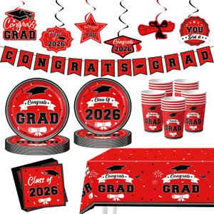 Leetous 2026 Graduation Party Decor Supplies Favors for Class, Red and Black Grad Plates Napkins Cups Tablecloth for College & High School, Disposable Tableware Accessories Kit Stuff for 25 Guests